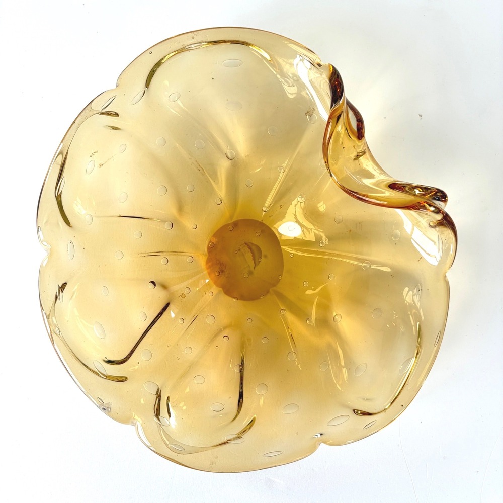 Murano Amber Bullicante Art Glass Scalloped Flower Bowl Italian Mid Century